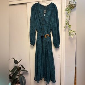 NWT Teal Floral Textured Button Front Belted Maxi Dress Lace Accent Size 3X